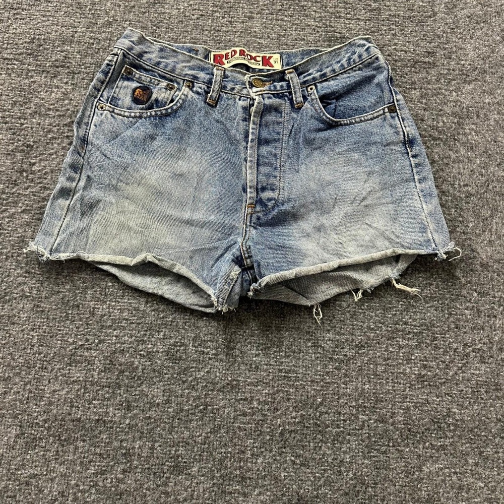 Red Rock Denim Shorts Womens Size 31 Blue Light Wash Raw Hem Button Fly Vintage